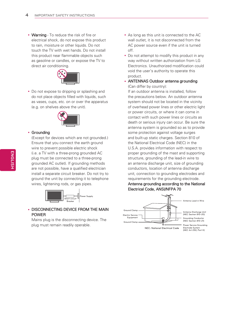 Short-circuit breaker power supply, English | LG 42LS3400 User Manual | Page 4 / 72