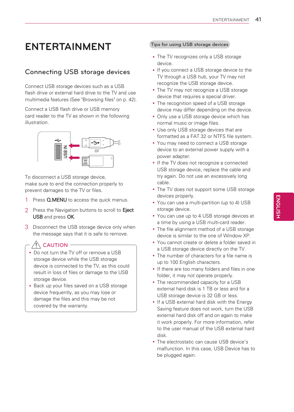 Entertainment, Connecting usb storage devices, 41 entertainment | LG 42LS3400 User Manual | Page 41 / 72