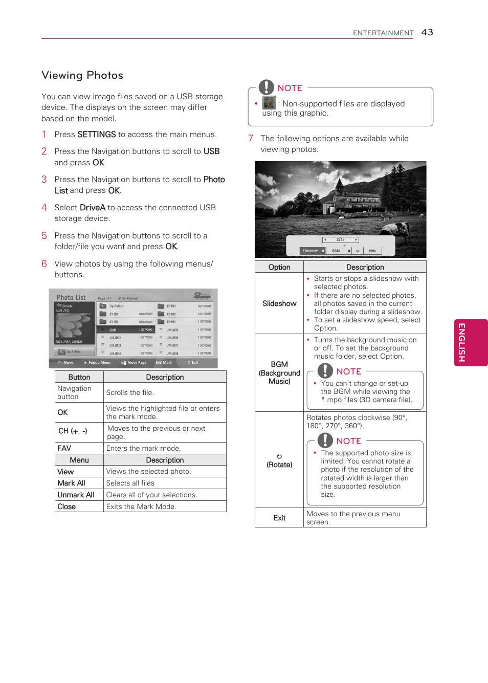 Viewing photos, English, Press settings to access the main menus | View photos by using the following menus/ buttons | LG 42LS3400 User Manual | Page 43 / 72