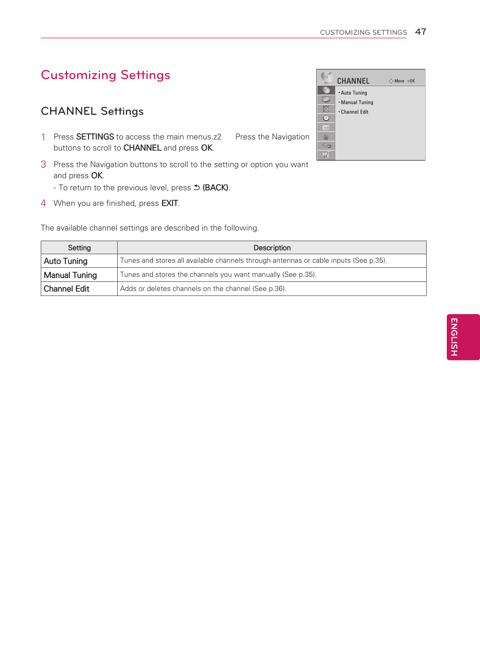 Customizing settings, Channel settings, See p.47) | LG 42LS3400 User Manual | Page 47 / 72