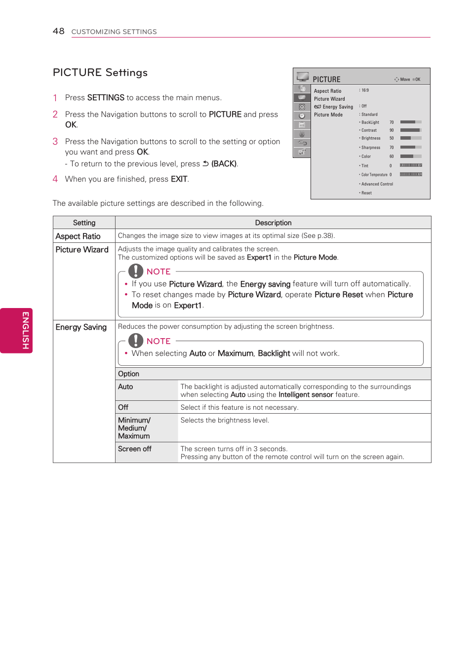 Picture settings, See p.48), English | LG 42LS3400 User Manual | Page 48 / 72