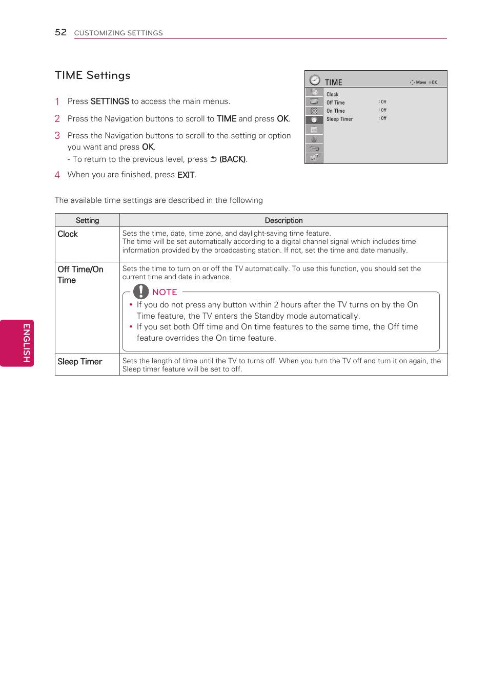 Time settings, See p.52) | LG 42LS3400 User Manual | Page 52 / 72