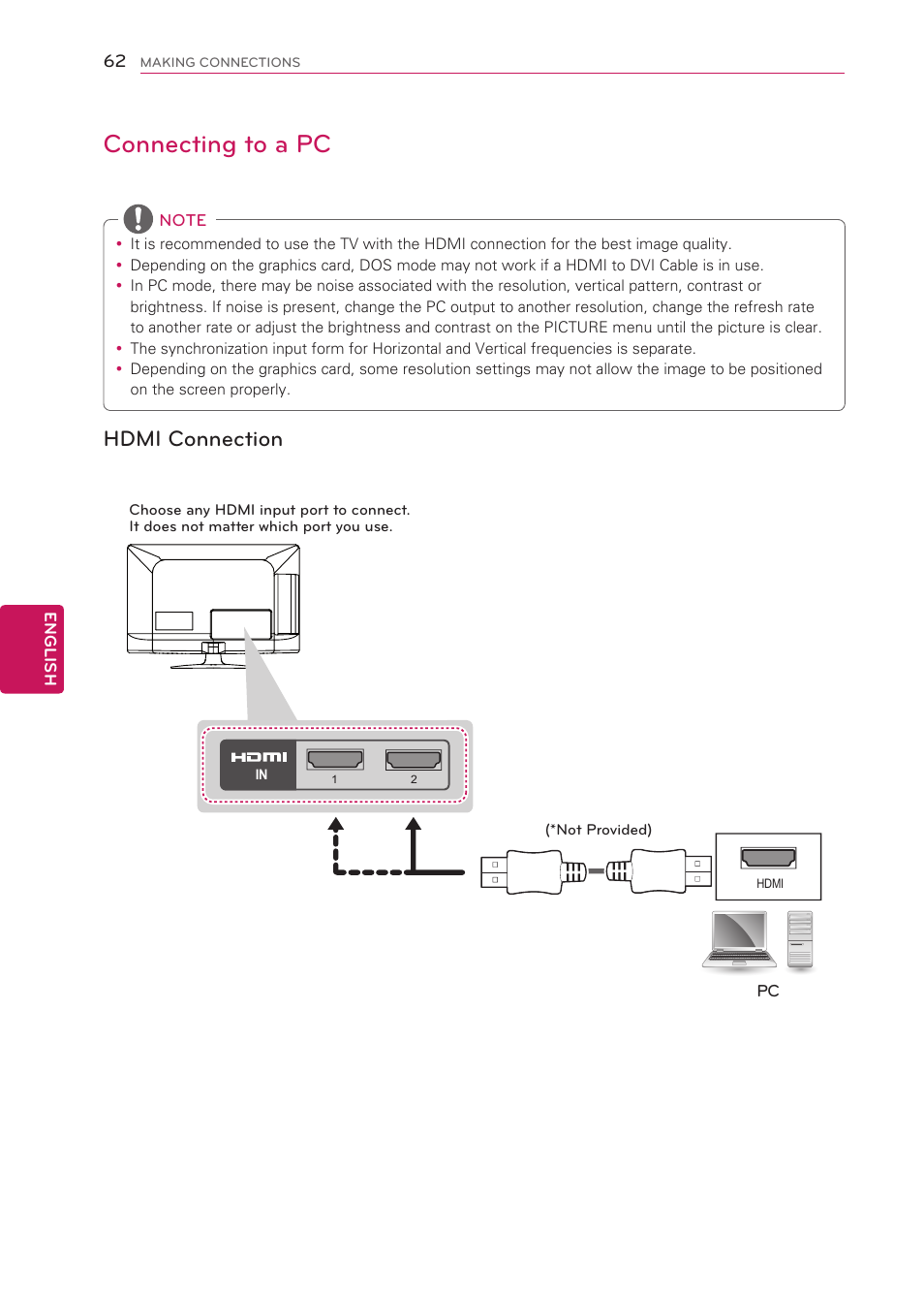 Connecting to a pc, Hdmi connection | LG 42LS3400 User Manual | Page 62 / 72