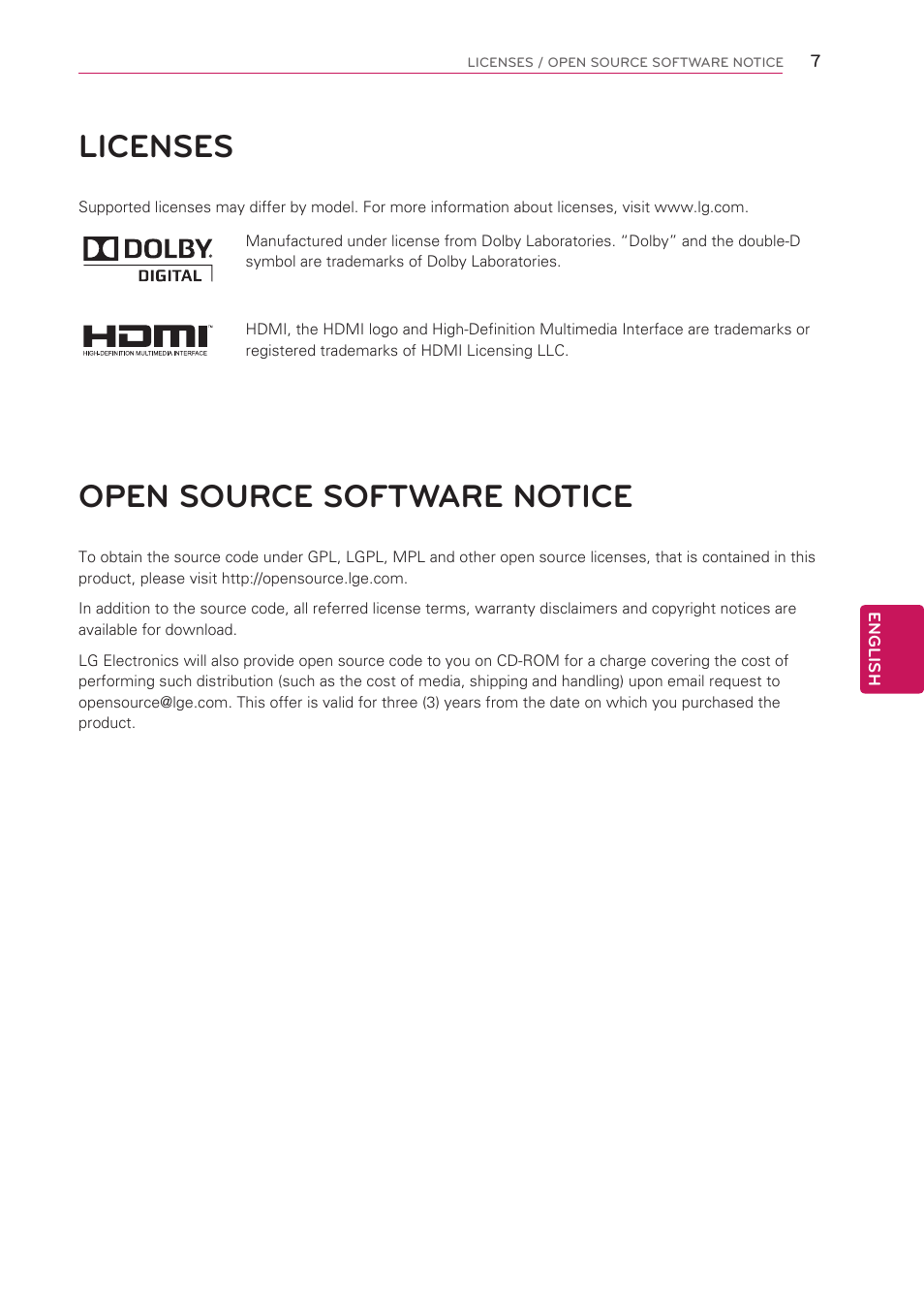 Licenses, Open source software notice | LG 42LS3400 User Manual | Page 7 / 72