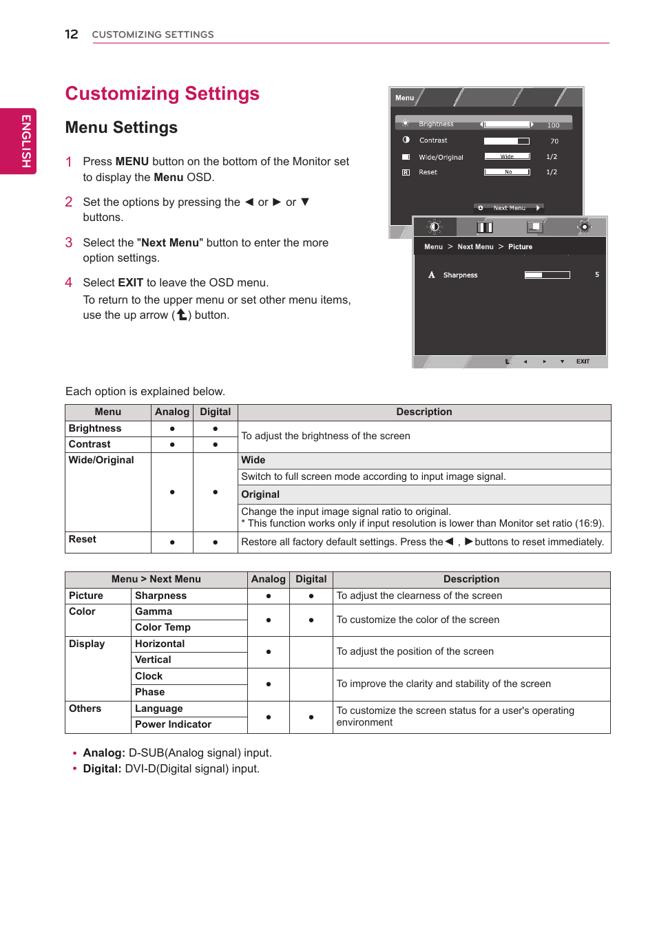 Customizing settings, Menu settings, 12 customizing settings 12 | LG 23M45D-B User Manual | Page 12 / 34