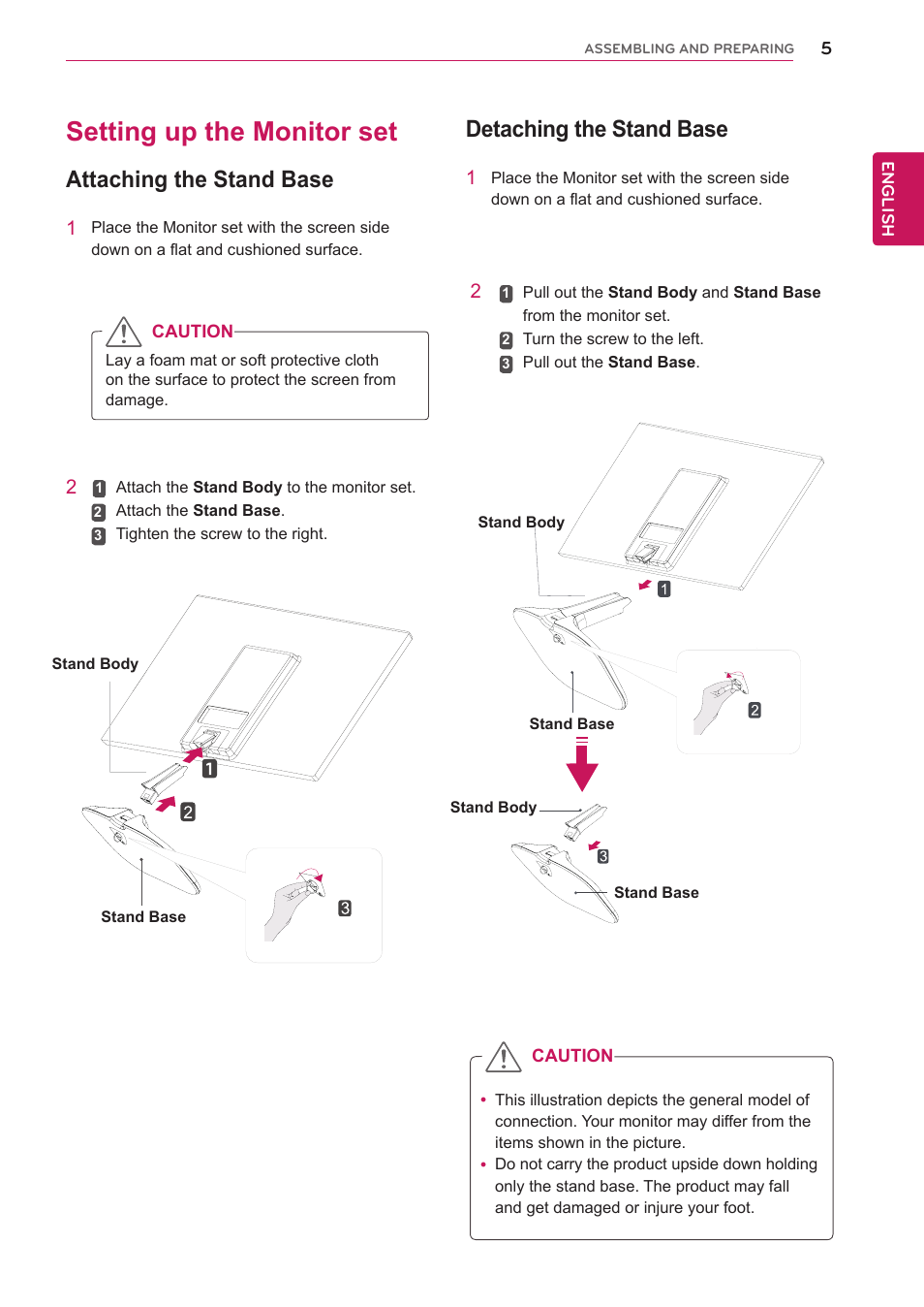 Setting up the monitor set, Attaching the stand base, Detaching the stand base | LG 23M45D-B User Manual | Page 5 / 34