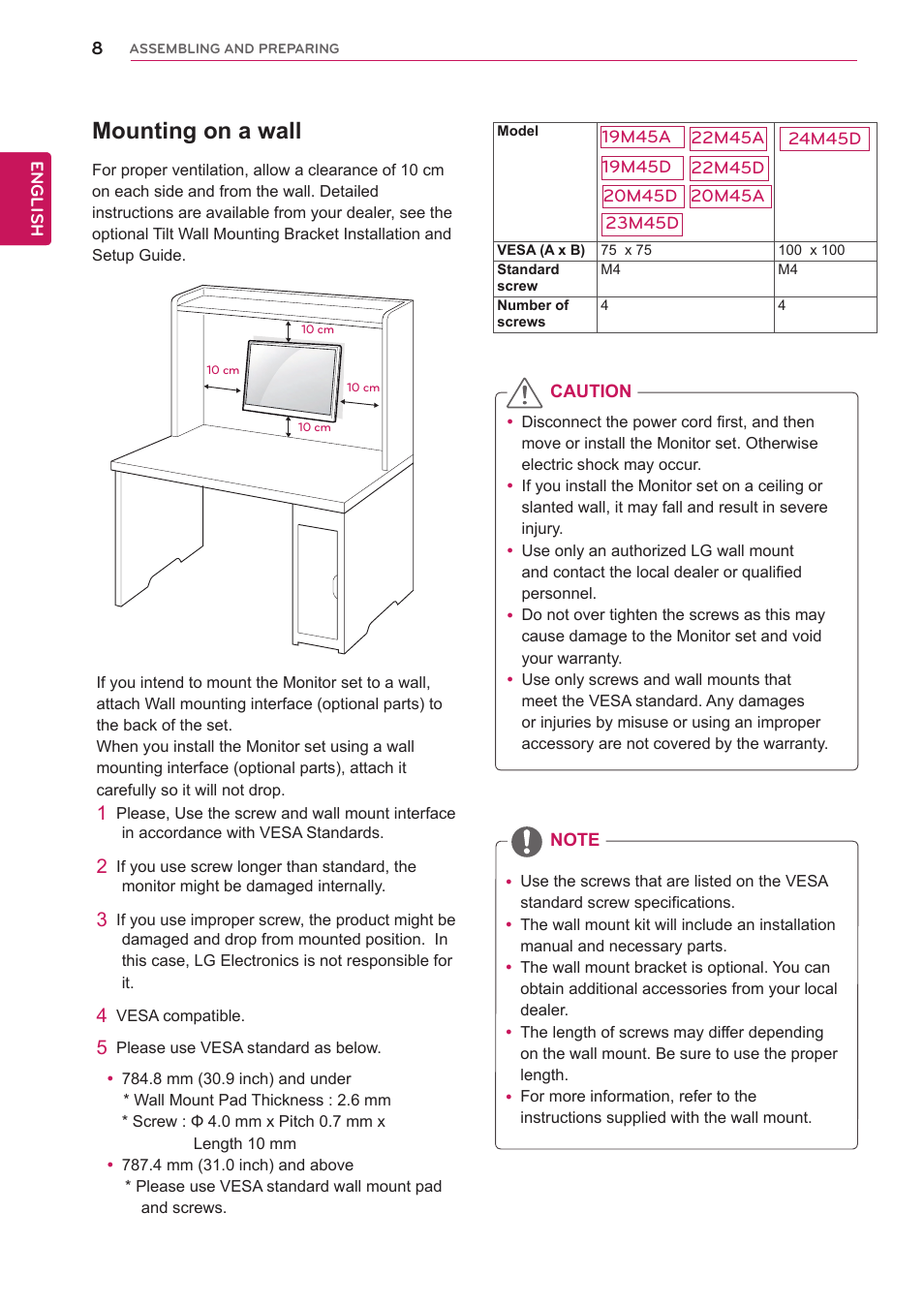 Mounting on a wall | LG 23M45D-B User Manual | Page 8 / 34