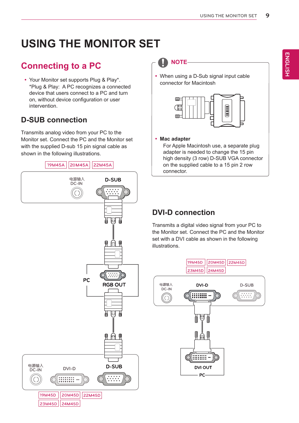 Using the monitor set, Connecting to a pc, D-sub connection | Dvi-d connection | LG 23M45D-B User Manual | Page 9 / 34