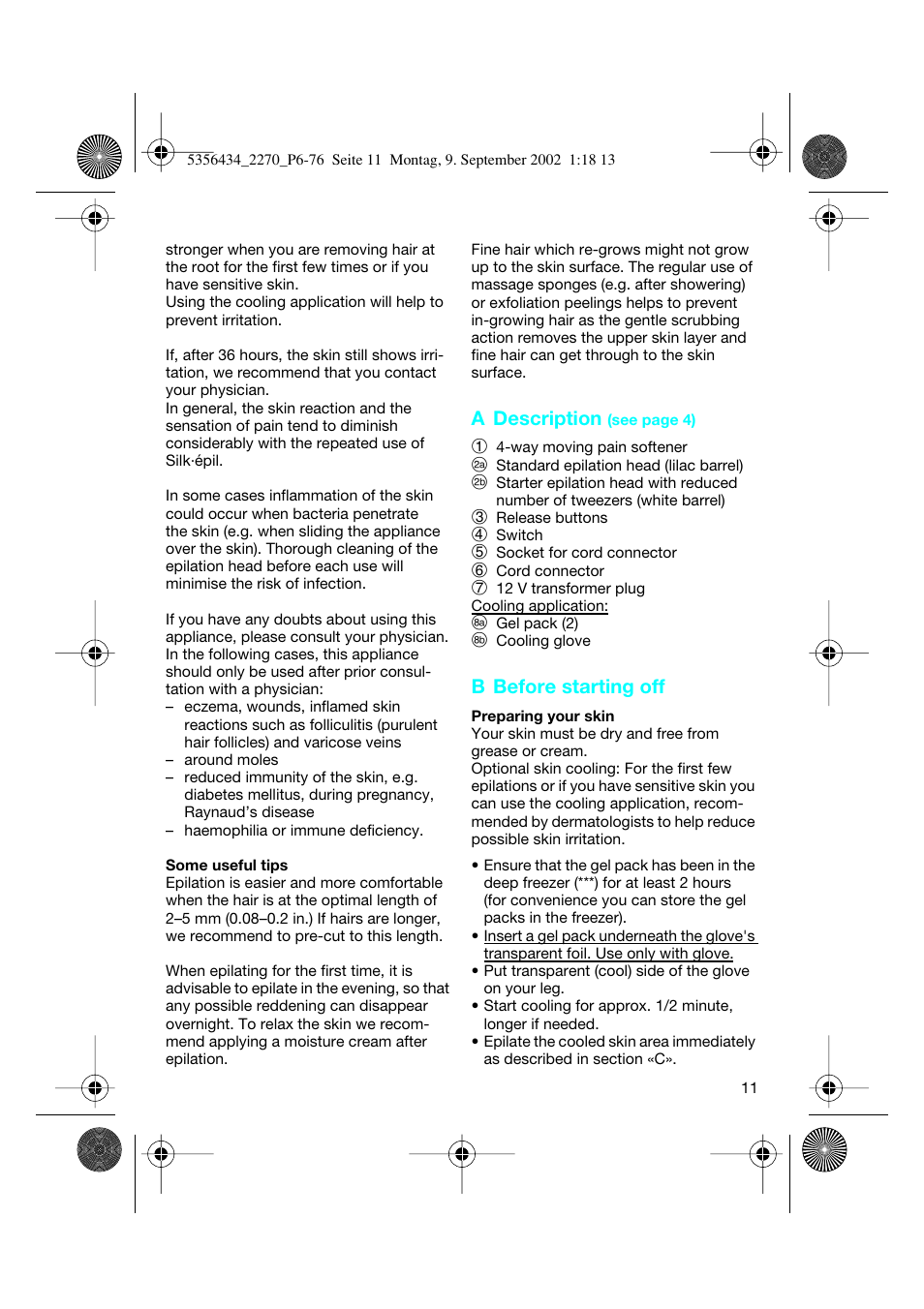 A description, B before starting off | Braun 2270-5317 Silk-épil EverSoft User Manual | Page 10 / 71