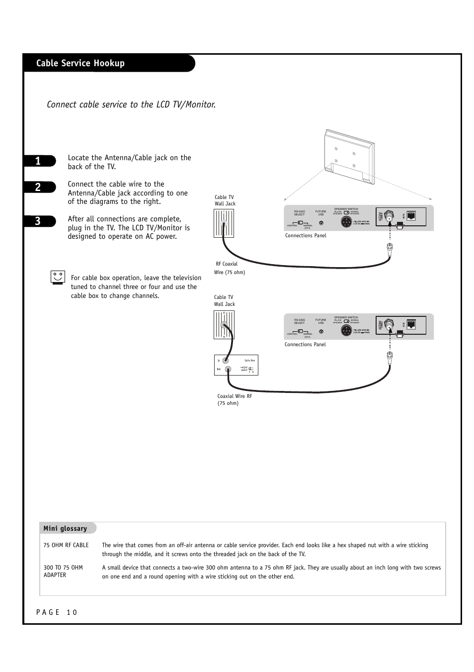 Cable service hookup, Connect cable service to the lcd tv/monitor | LG L20V54S User Manual | Page 10 / 64