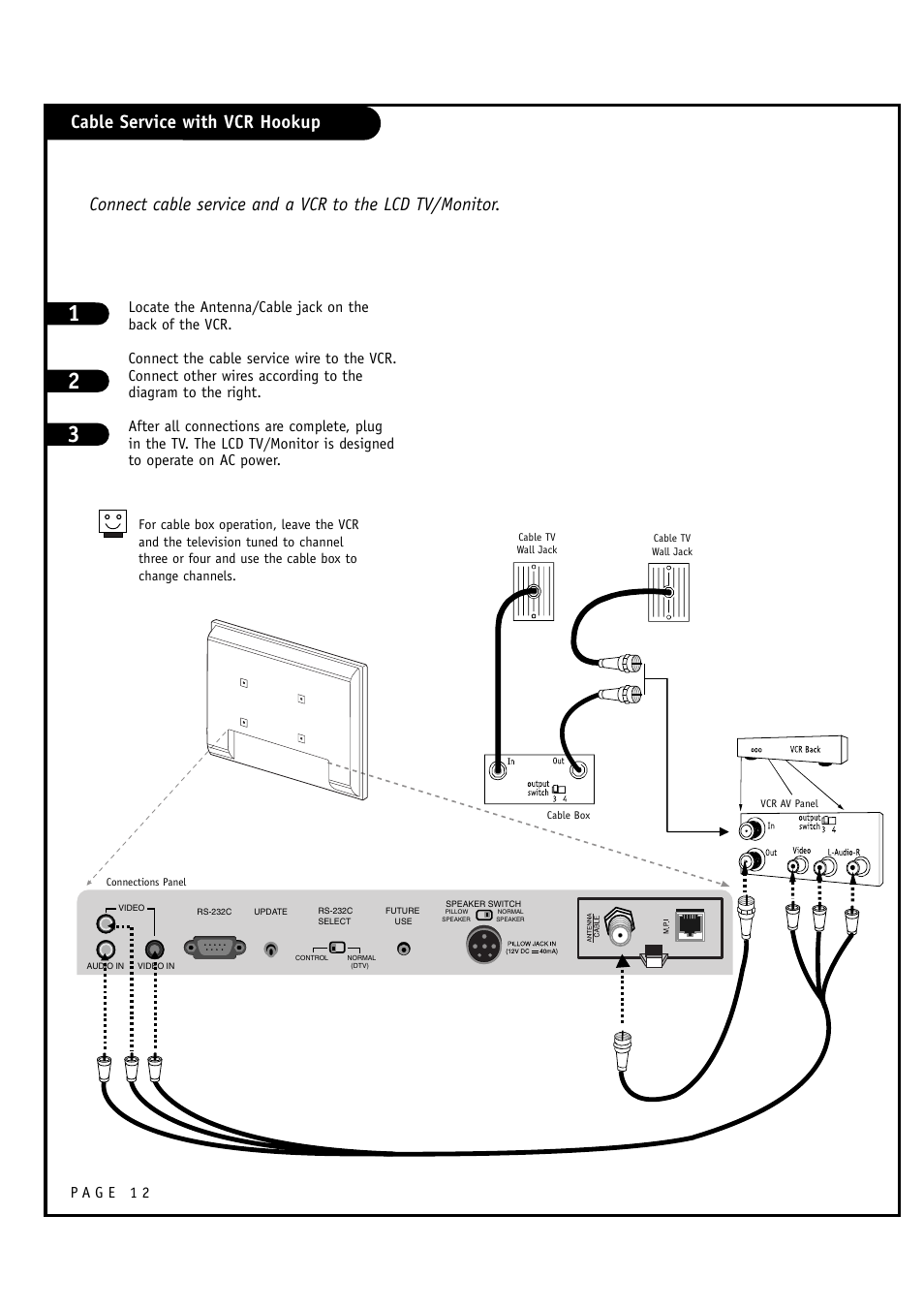 Cable service with vcr hookup | LG L20V54S User Manual | Page 12 / 64