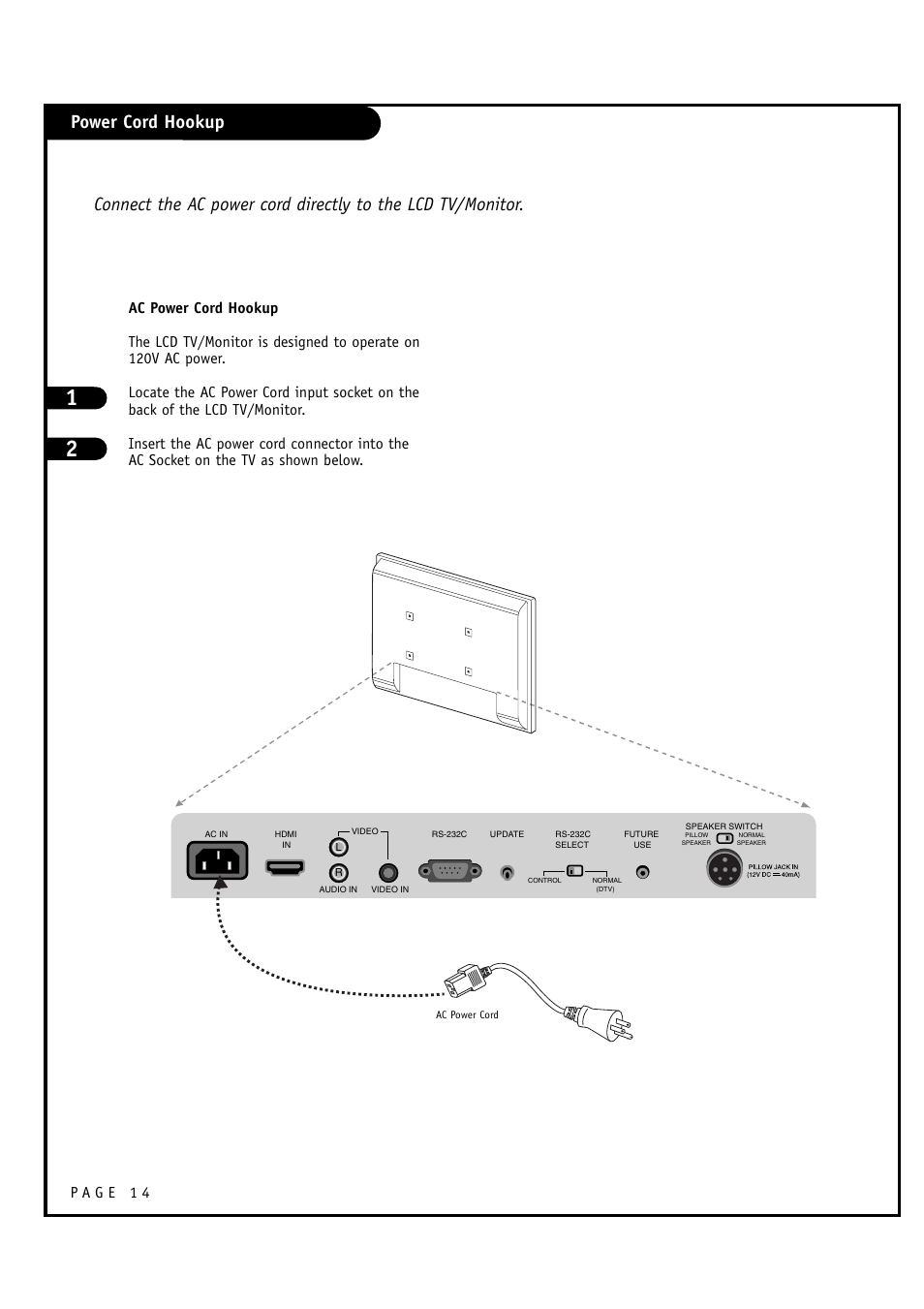 Power cord hookup | LG L20V54S User Manual | Page 14 / 64