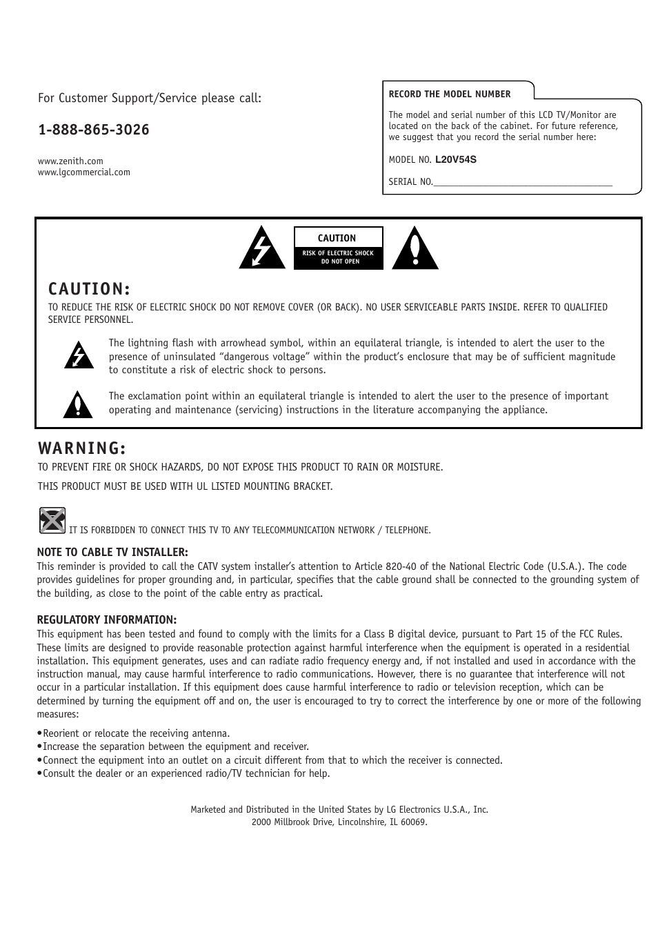Caution, Warning | LG L20V54S User Manual | Page 2 / 64