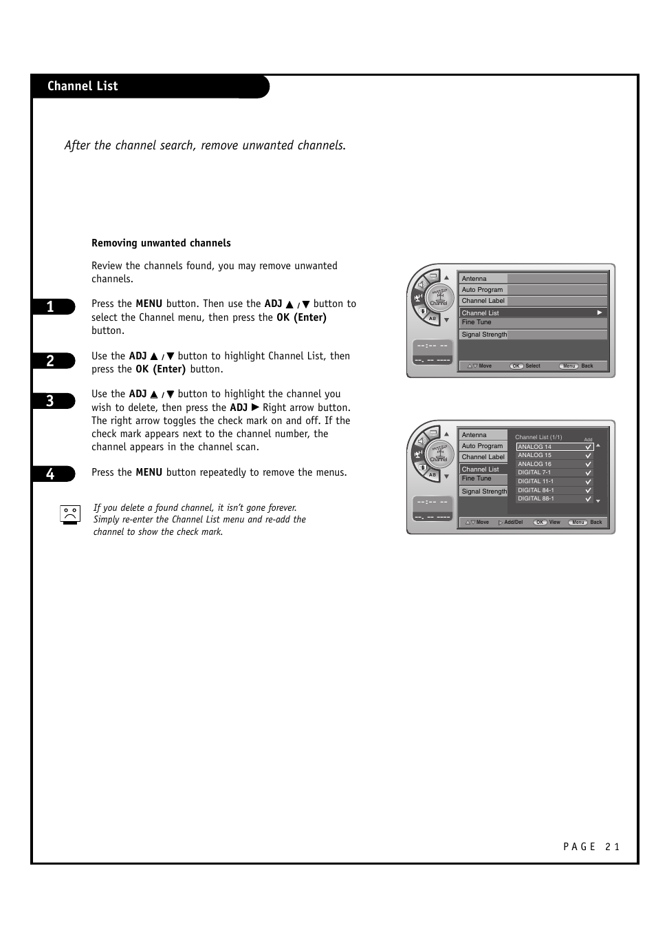 Channel list, After the channel search, remove unwanted channels | LG L20V54S User Manual | Page 21 / 64