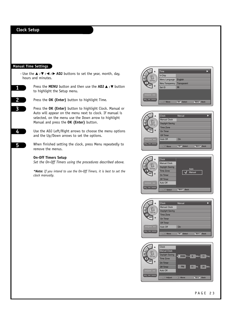 Clock setup, Use the, Manual time settings | LG L20V54S User Manual | Page 23 / 64