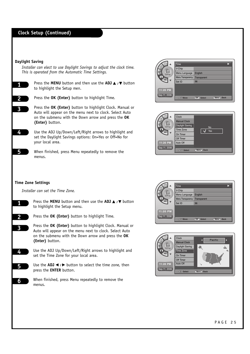 Clock setup (continued), Press the menu button and then use the adj | LG L20V54S User Manual | Page 25 / 64
