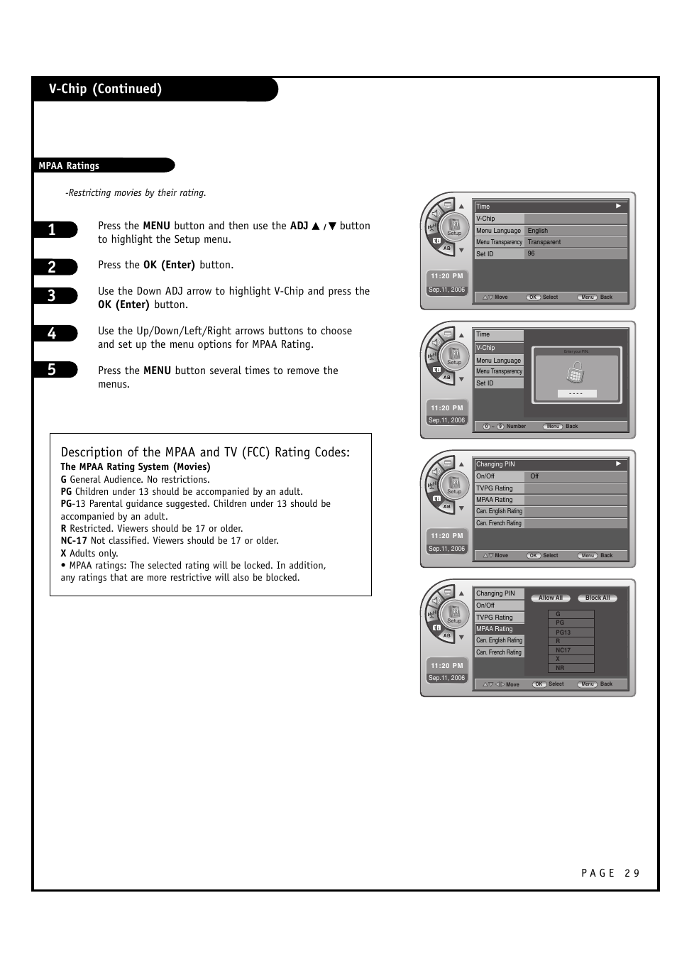 V-chip (continued), Description of the mpaa and tv (fcc) rating codes, Mpaa ratings -restricting movies by their rating | LG L20V54S User Manual | Page 29 / 64