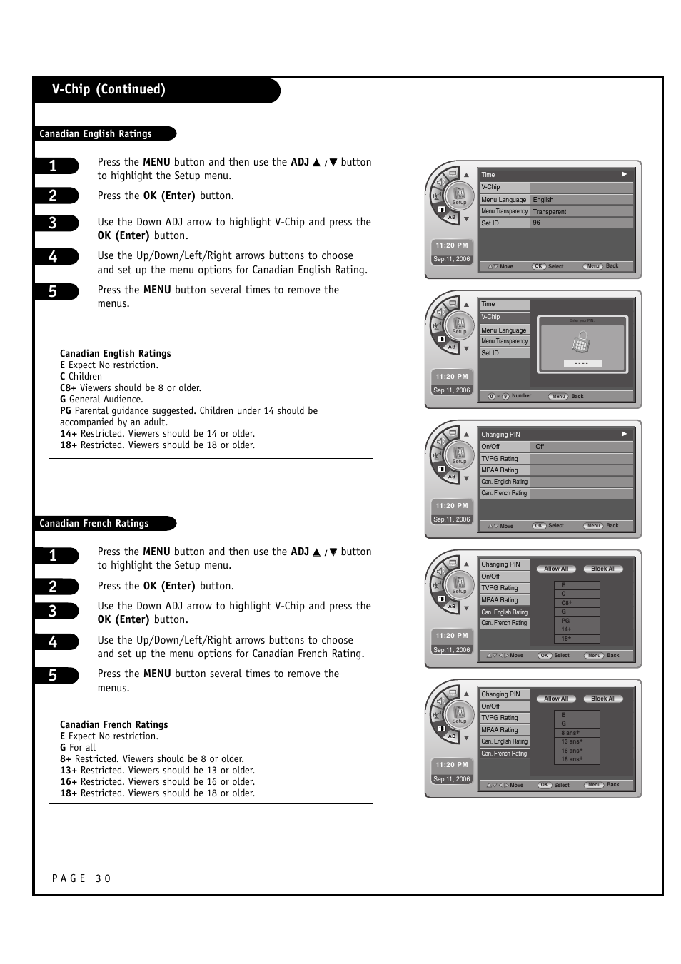 V-chip (continued), Press the menu button and then use the adj | LG L20V54S User Manual | Page 30 / 64