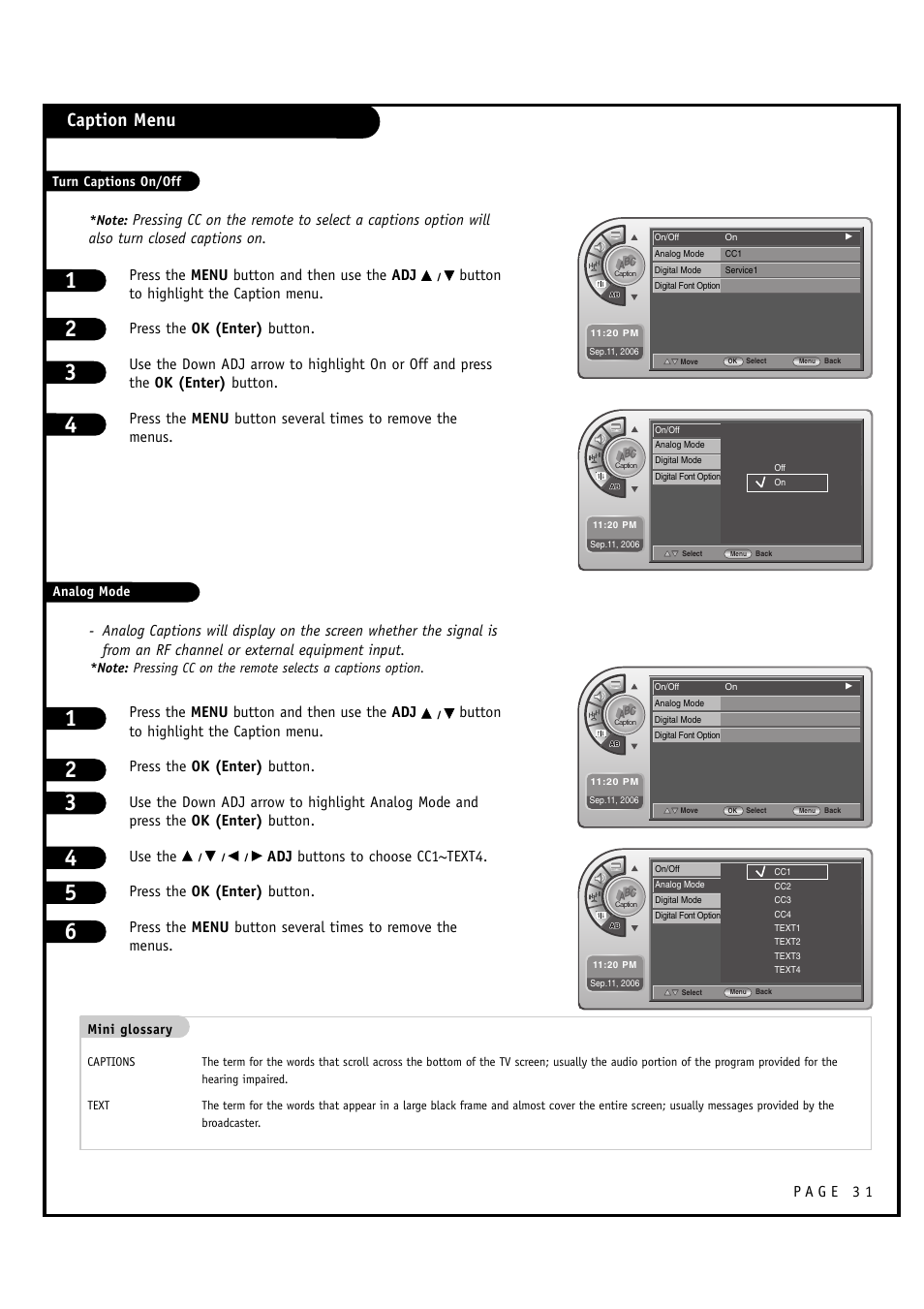 Caption menu, Press the menu button and then use the adj | LG L20V54S User Manual | Page 31 / 64