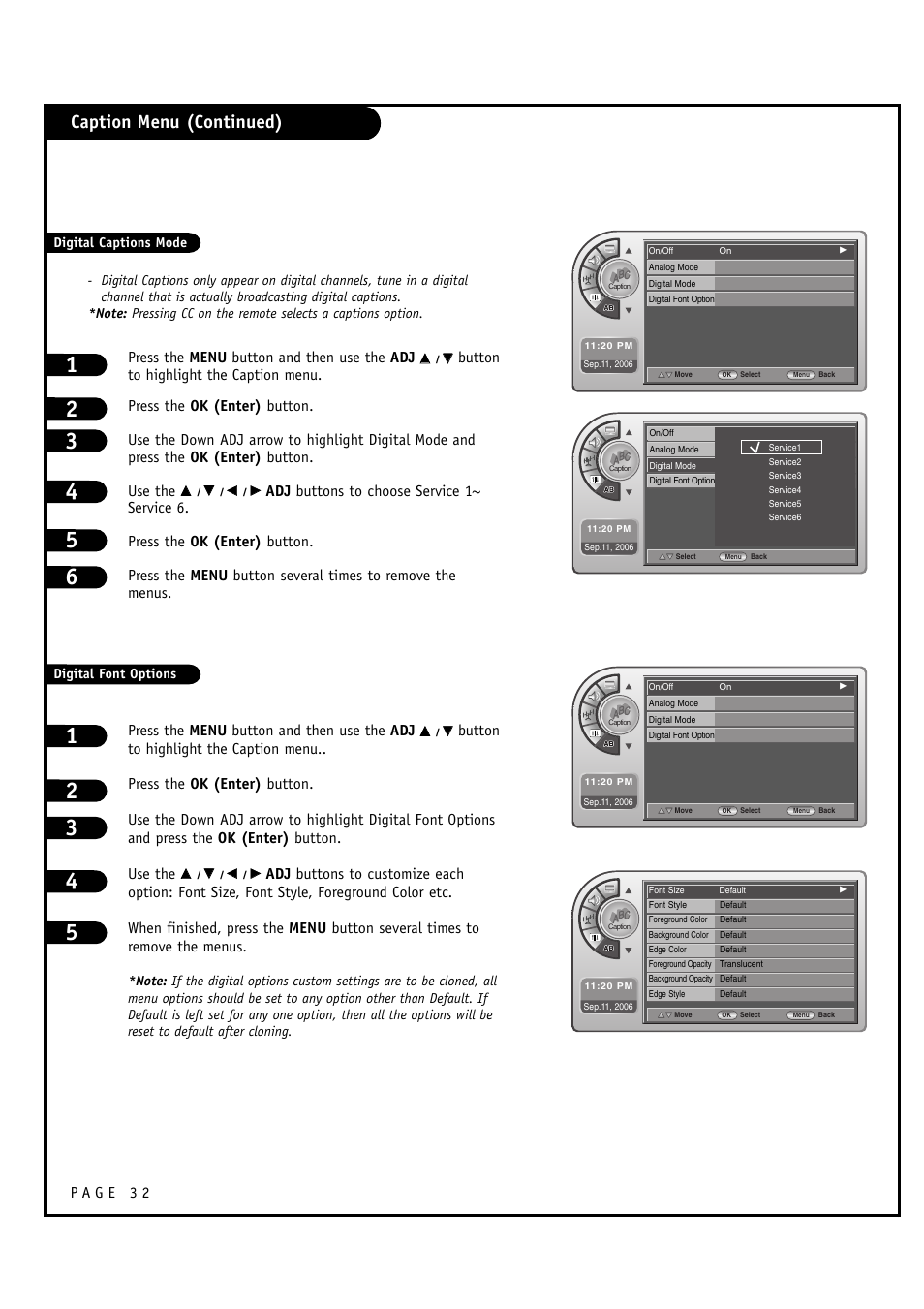 Caption menu (continued), Press the menu button and then use the adj | LG L20V54S User Manual | Page 32 / 64