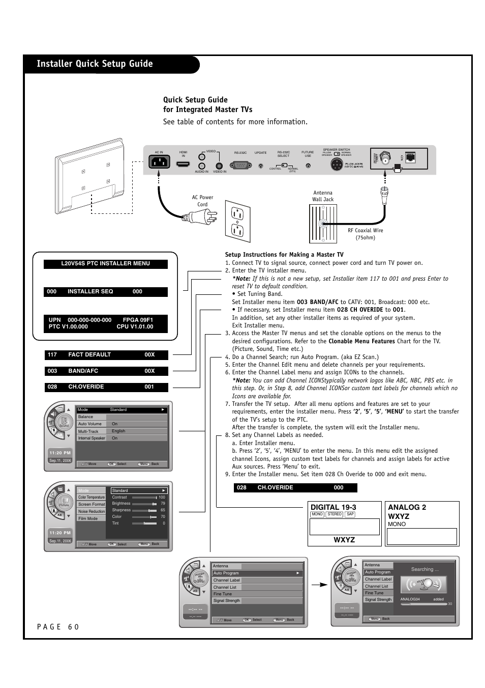 Installer quick setup guide, Wxyz digital 19-3, Wxyz analog 2 | LG L20V54S User Manual | Page 60 / 64