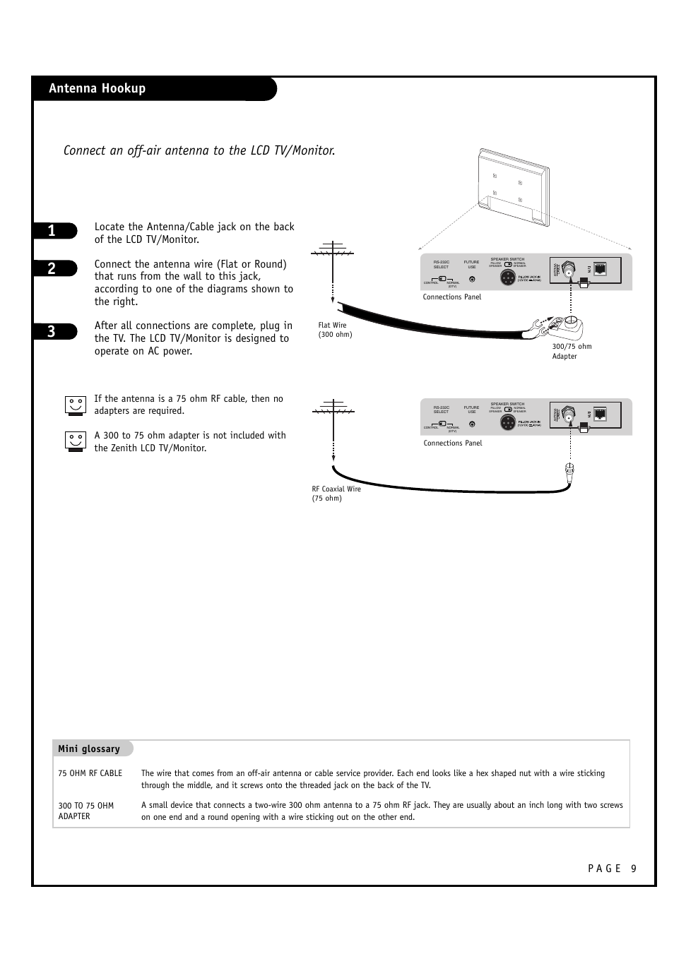 Antenna hookup, Connect an off-air antenna to the lcd tv/monitor | LG L20V54S User Manual | Page 9 / 64