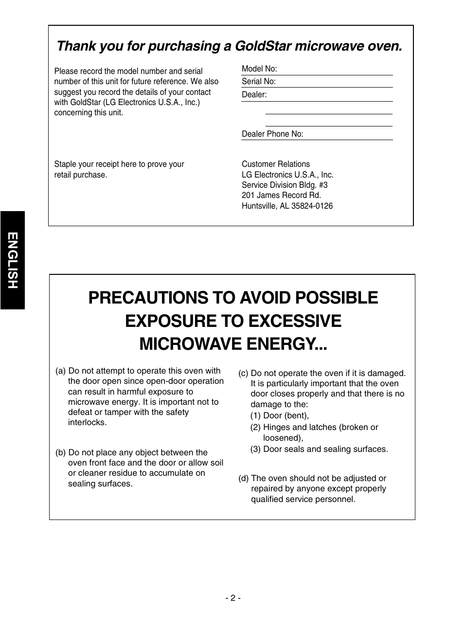 English | LG MVH1615WW User Manual | Page 2 / 25