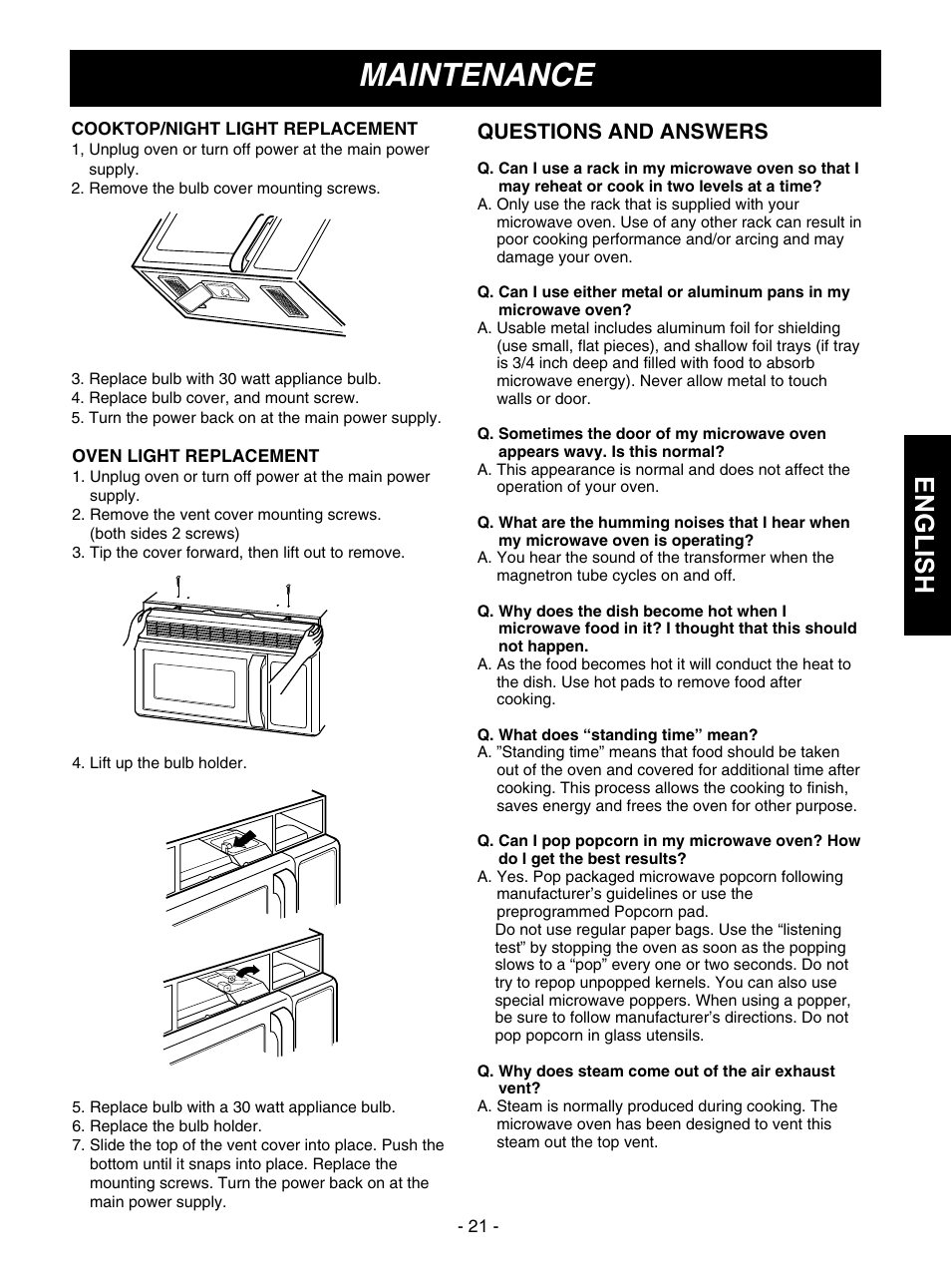 Maintenance, English, Questions and answers | LG MVH1615WW User Manual | Page 21 / 25