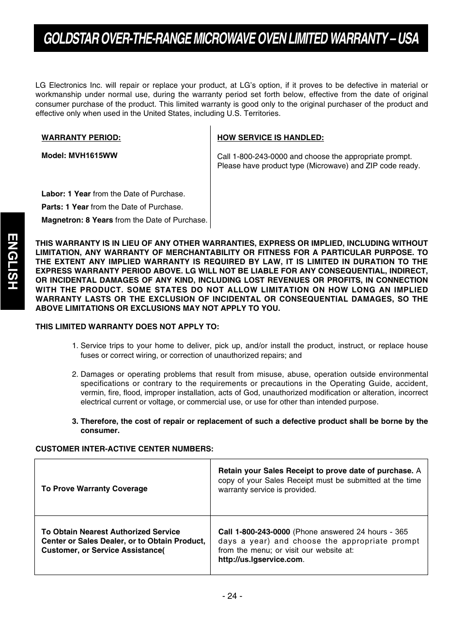 English | LG MVH1615WW User Manual | Page 24 / 25