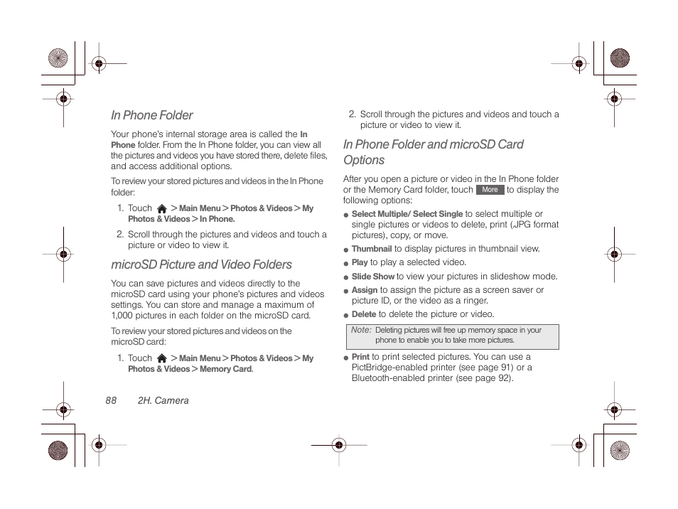 In phone folder, Microsd picture and video folders, In phone folder and microsd card options | Black & white, negative, Sepia | LG LGLN510 User Manual | Page 100 / 158