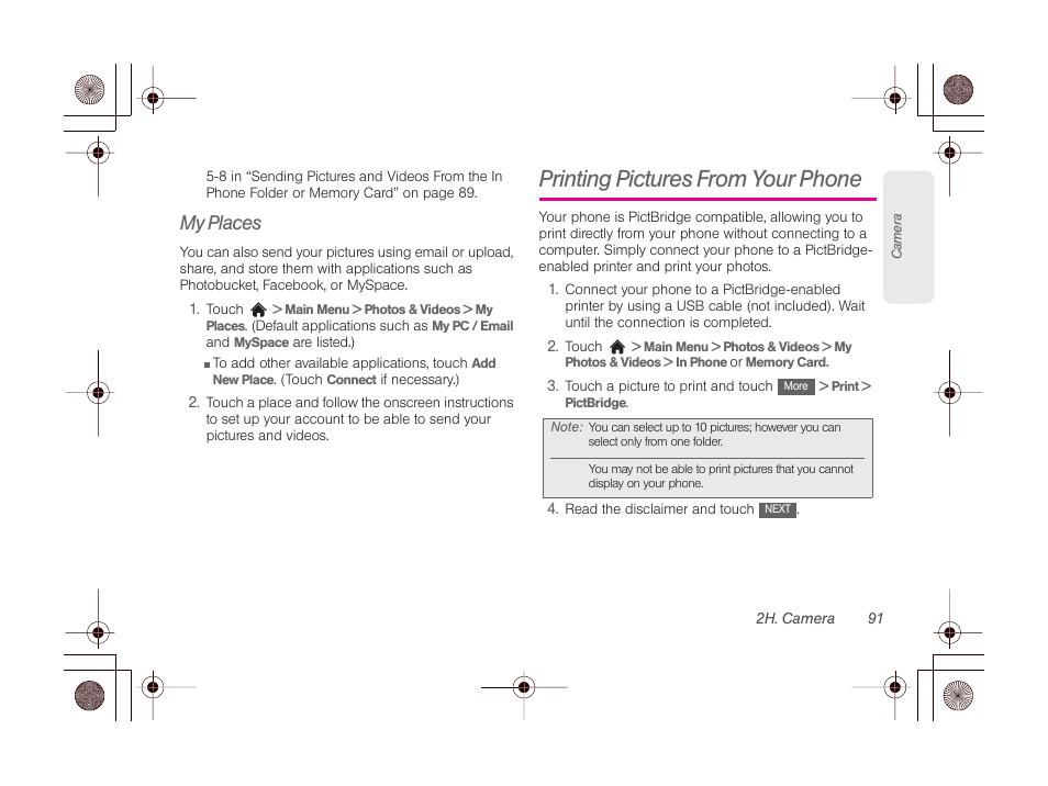 My places, Printing pictures from your phone, Touch | Main, Picture id fo | LG LGLN510 User Manual | Page 103 / 158