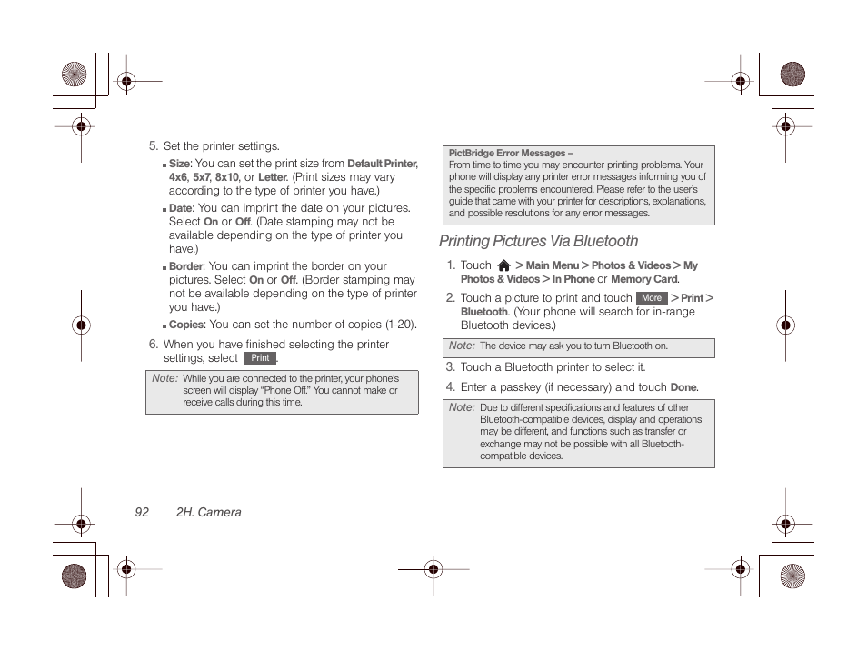 Printing pictures via bluetooth, Picture. (see | LG LGLN510 User Manual | Page 104 / 158