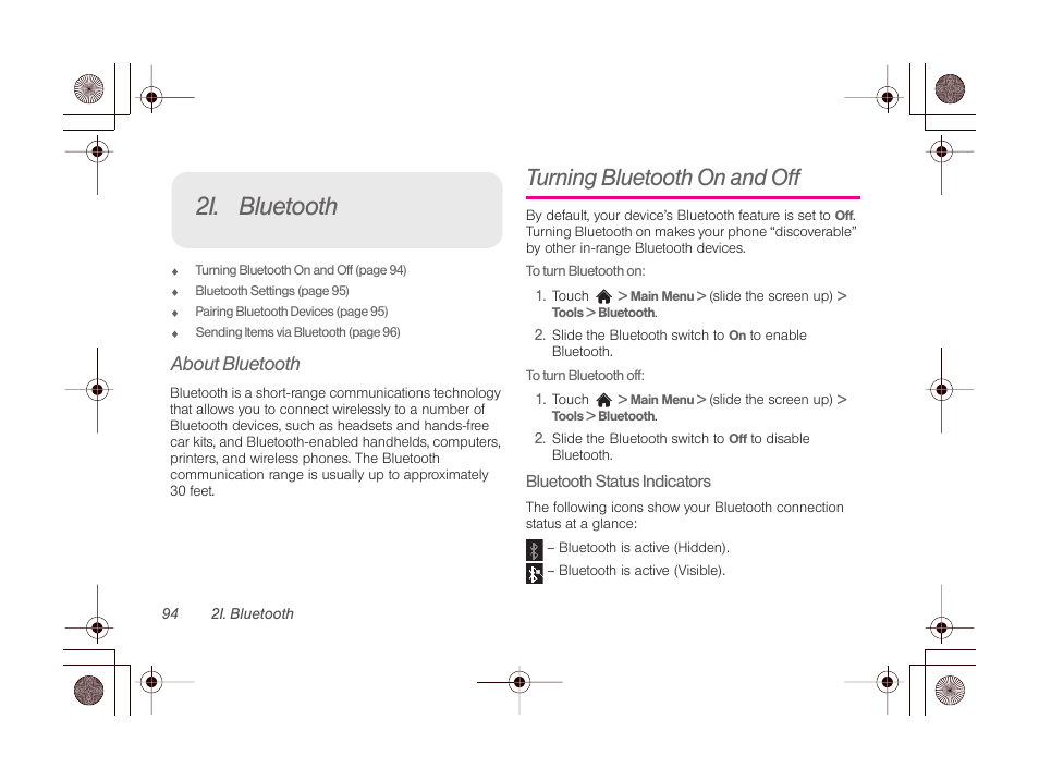 2i. bluetooth, About bluetooth, Turning bluetooth on and off | LG LGLN510 User Manual | Page 106 / 158