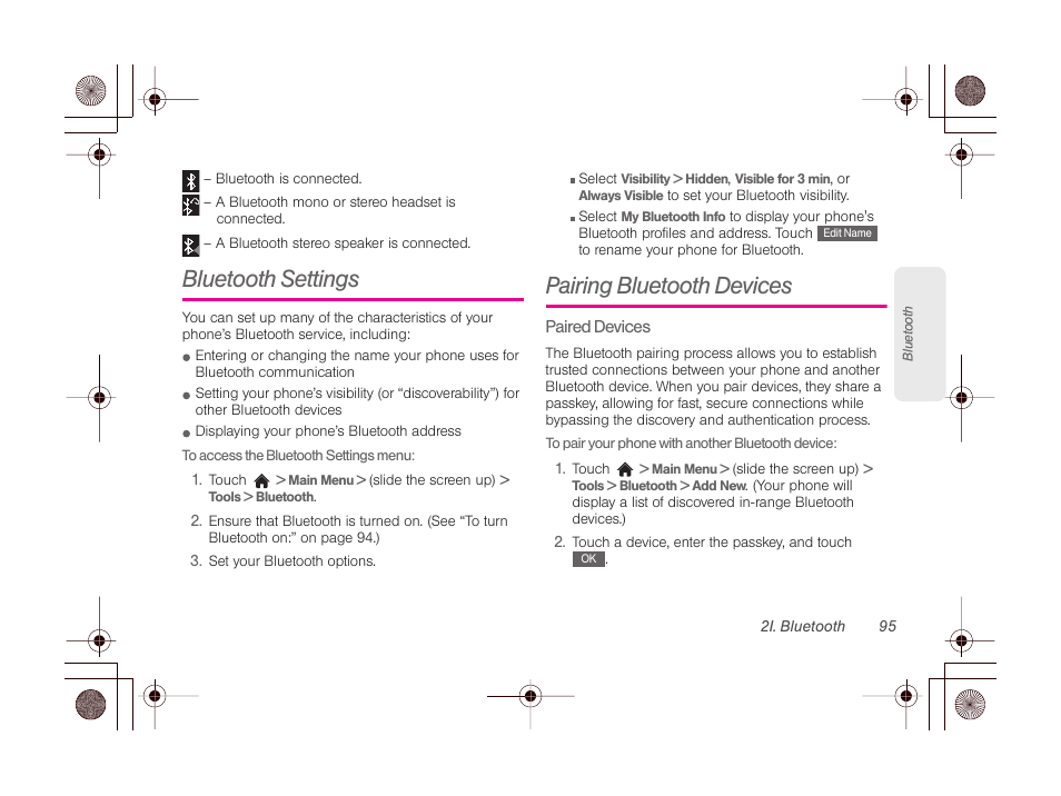 Bluetooth settings, Pairing bluetooth devices | LG LGLN510 User Manual | Page 107 / 158