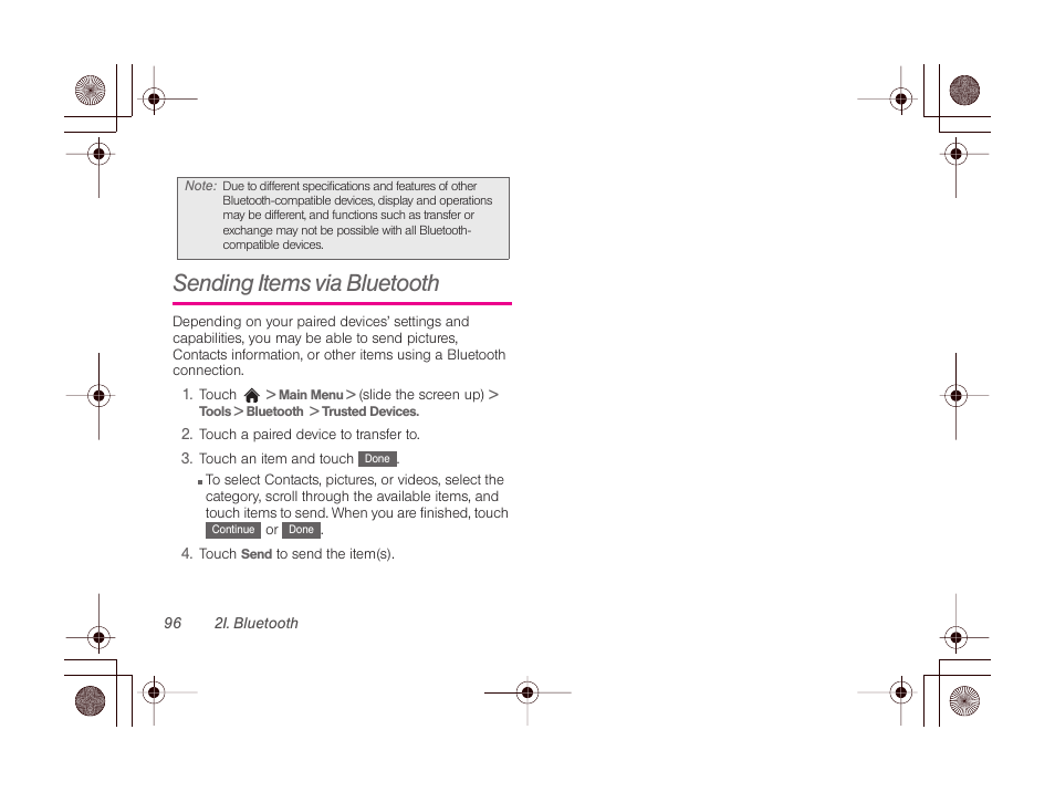 Sending items via bluetooth | LG LGLN510 User Manual | Page 108 / 158