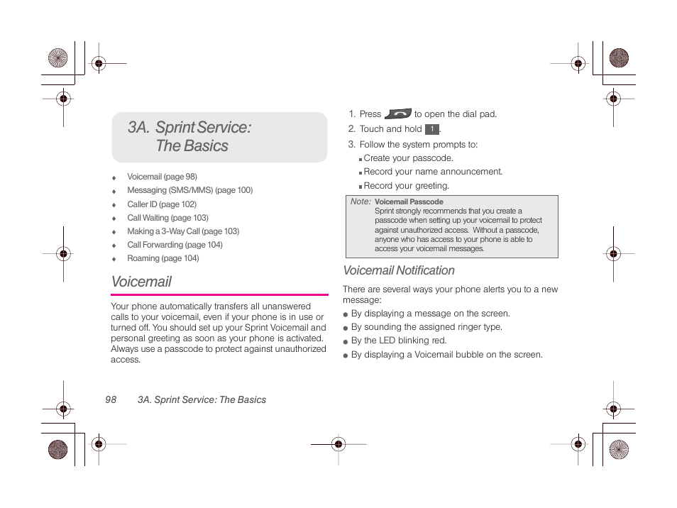 3a. sprint service: the basics, Voicemail, Voicemail notification | LG LGLN510 User Manual | Page 110 / 158