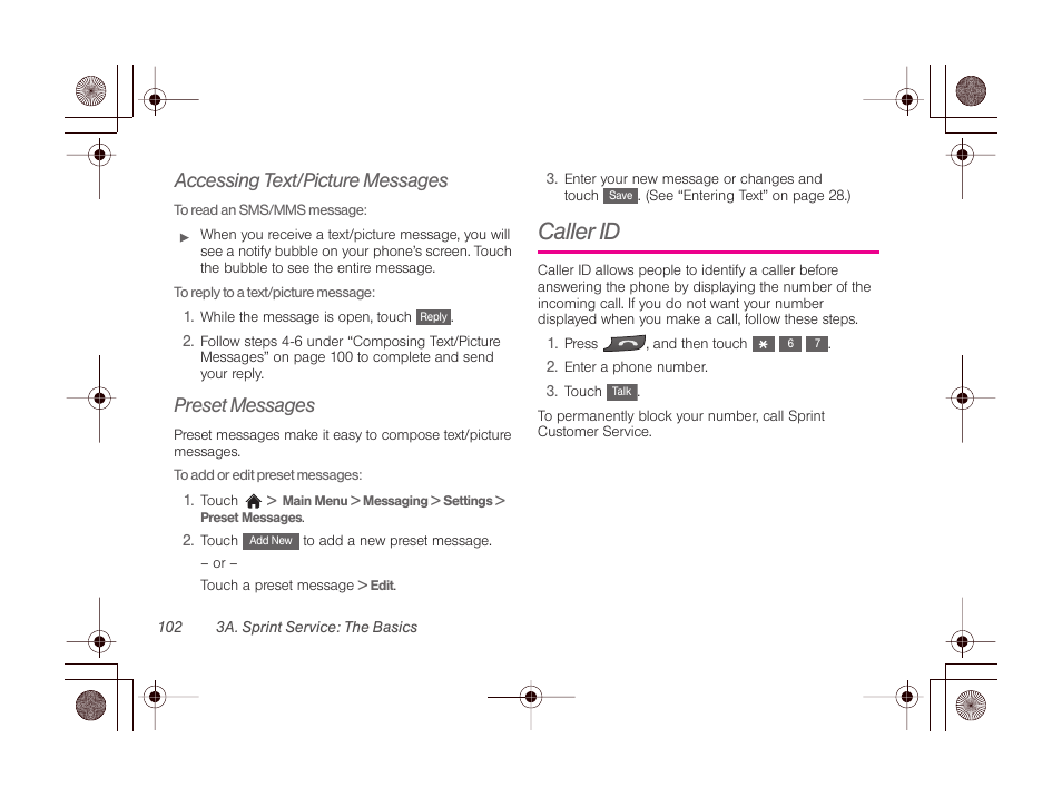 Accessing text/picture messages, Preset messages, Caller id | LG LGLN510 User Manual | Page 114 / 158