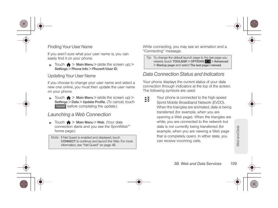 Launching a web connection, Data connection status and indicators | LG LGLN510 User Manual | Page 121 / 158