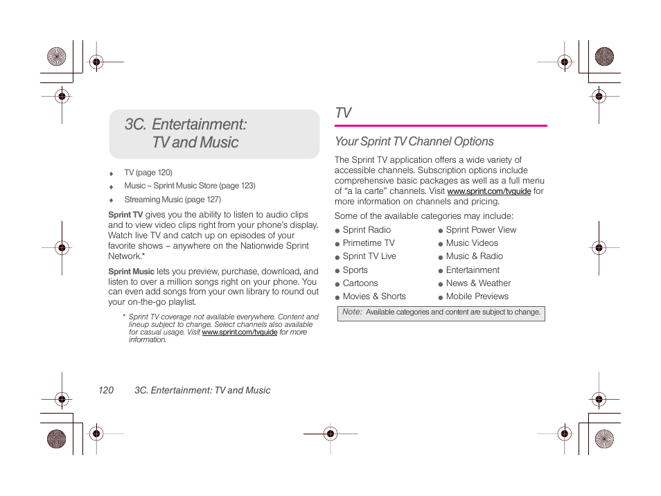 3c. entertainment: tv and music, Your sprint tv channel options | LG LGLN510 User Manual | Page 132 / 158