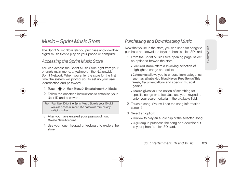 Music – sprint music store, Accessing the sprint music store, Purchasing and downloading music | LG LGLN510 User Manual | Page 135 / 158