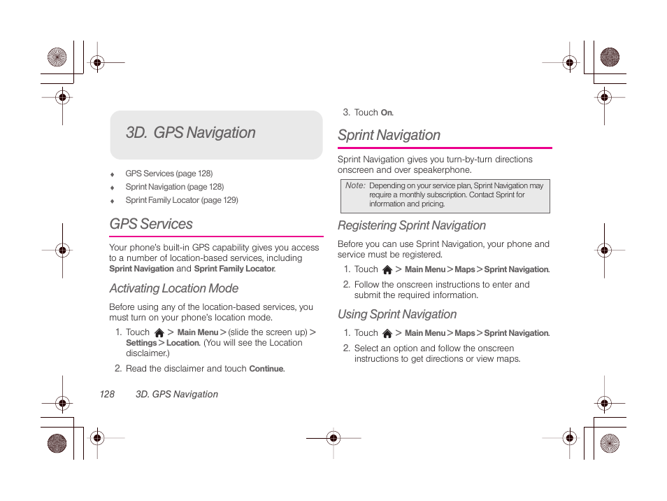 3d. gps navigation, Gps services, Activating location mode | Sprint navigation, Registering sprint navigation, Using sprint navigation | LG LGLN510 User Manual | Page 140 / 158