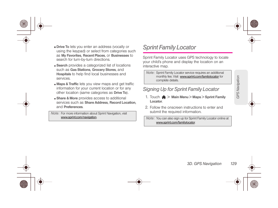 Sprint family locator, Signing up for sprint family locator | LG LGLN510 User Manual | Page 141 / 158