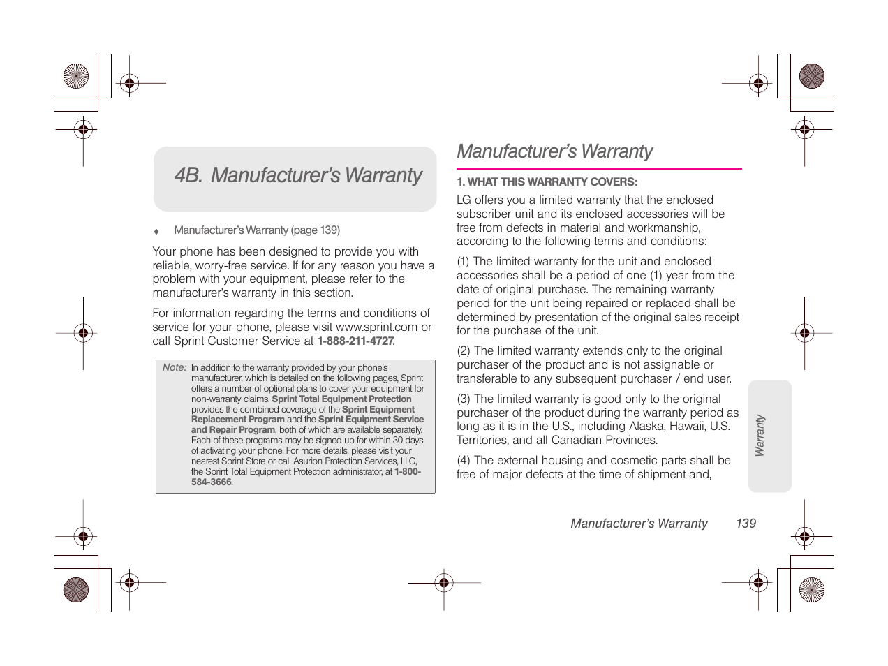 4b. manufacturer’s warranty, Manufacturer’s warranty | LG LGLN510 User Manual | Page 151 / 158