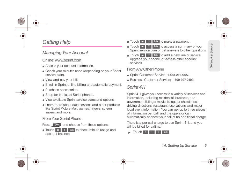 Getting help, Managing your account, Sprint 411 | LG LGLN510 User Manual | Page 17 / 158