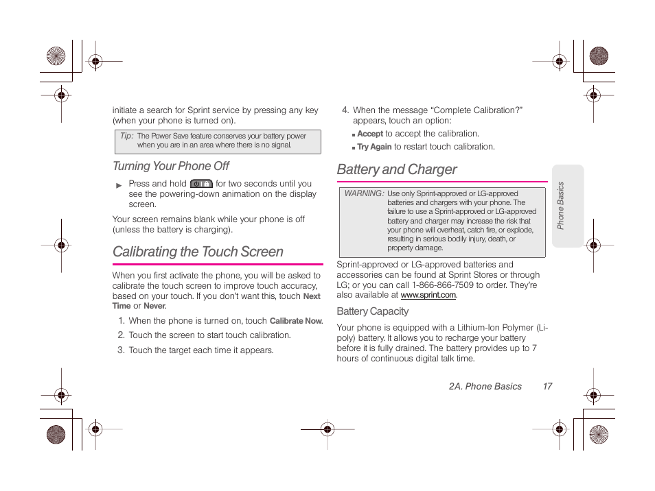 Turning your phone off, Calibrating the touch screen, Battery and charger | Phone softw, Auto | LG LGLN510 User Manual | Page 29 / 158