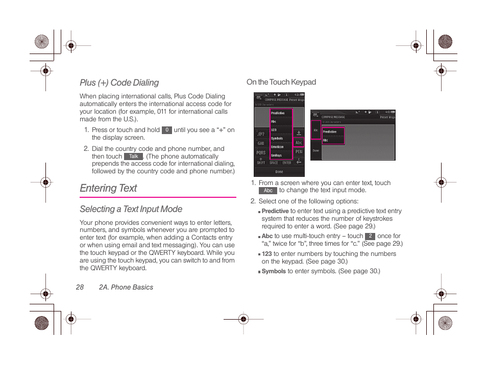 Plus (+) code dialing, Entering text, Selecting a text input mode | LG LGLN510 User Manual | Page 40 / 158