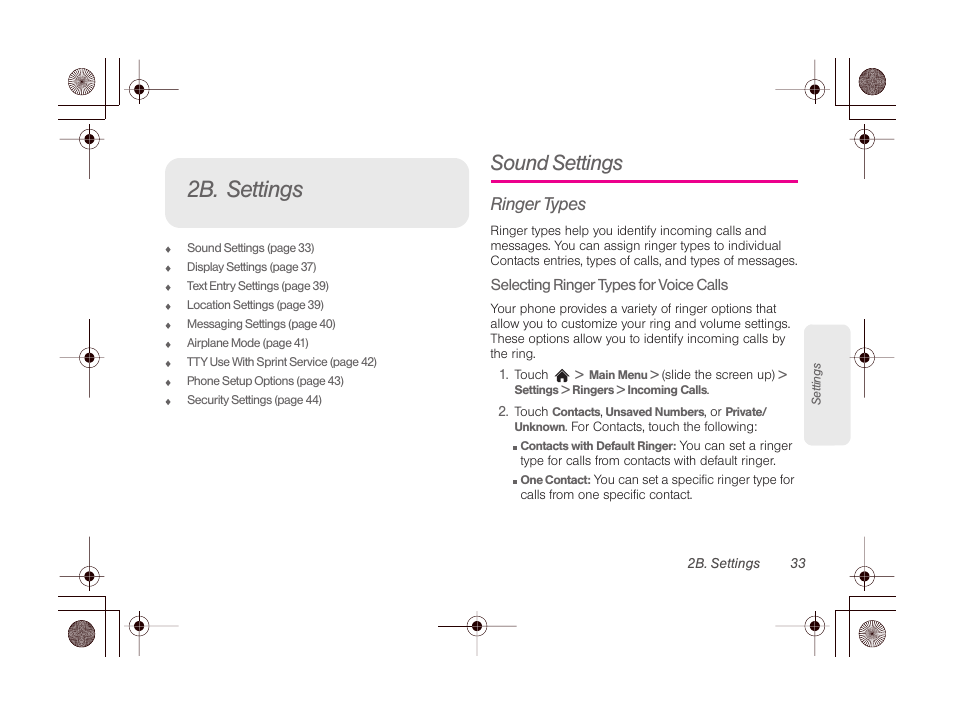 2b. settings, Sound settings, Ringer types | LG LGLN510 User Manual | Page 45 / 158