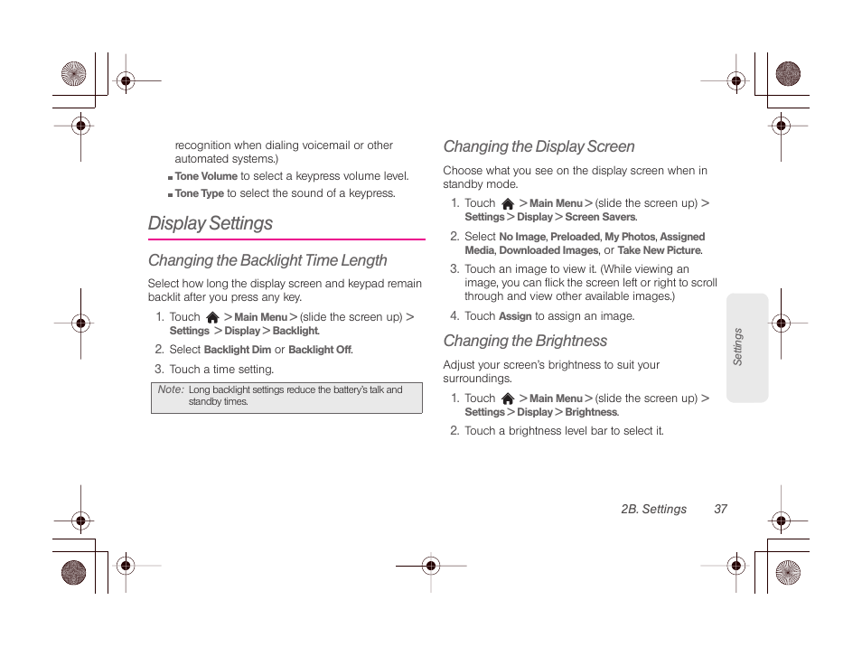 Display settings, Changing the backlight time length, Changing the display screen | Changing the brightness | LG LGLN510 User Manual | Page 49 / 158