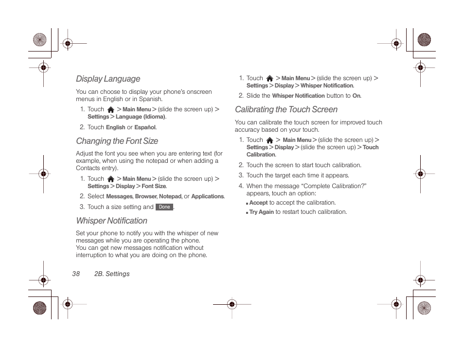 Display language, Changing the font size, Whisper notification | Calibrating the touch screen | LG LGLN510 User Manual | Page 50 / 158