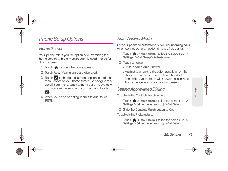 Phone setup options, Home screen, Auto-answer mode | Setting abbreviated dialing | LG LGLN510 User Manual | Page 55 / 158